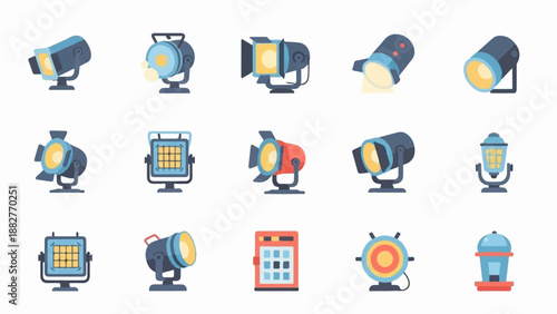 Collection of various stage and theater lighting equipment icons