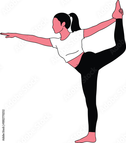 Graceful yoga Natarajasana pose by woman in white top and black leggings demonstrating balance flexibility strength for fitness wellness and mindfulness