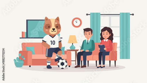 Anthropomorphic dog in soccer uniform with two people in a living room