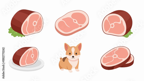 Cartoon cuts of meat and a small dog