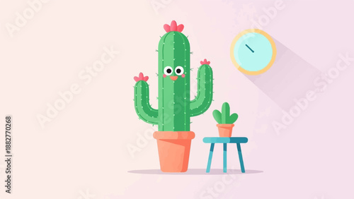 Cheerful cartoon cactus and smaller plant sit near a clock