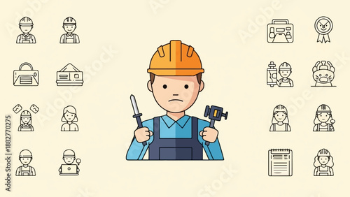 Cartoon craftsman in hard hat holds hammer and knife, surrounded by icons