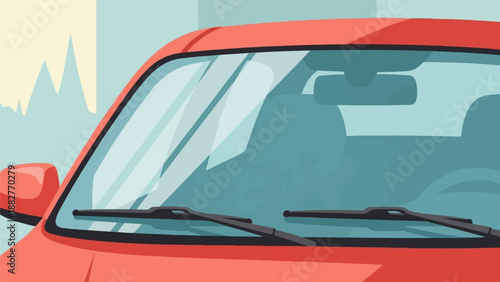 Close-up of red car's front windshield and dashboard