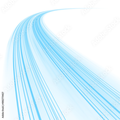 Neon laser speed lines twist along city highway. Blue light trails, wave energy, and motion swirls merge with cold air, water reflections, winter winds, and whirlwind effect. Vector illustration PNG.