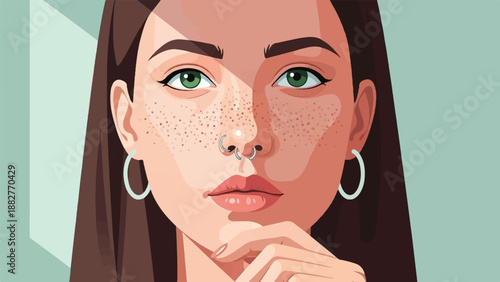 Close-up portrait of a young woman with freckles and piercing