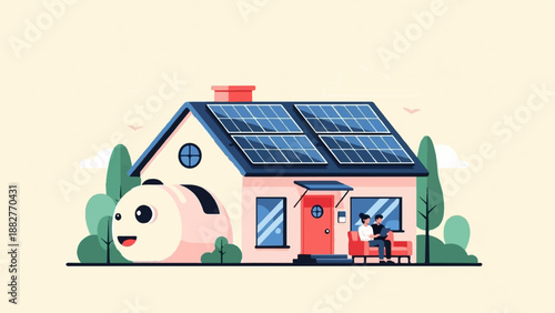 Cheerful cartoon house with solar panels, cute creature, and a couple relaxing