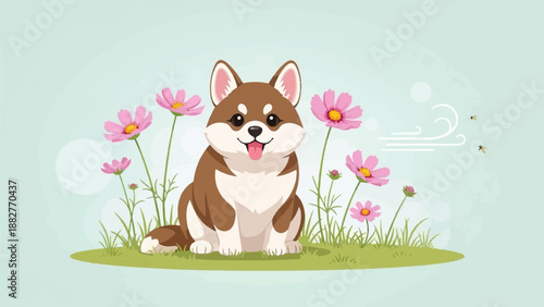 Cartoon dog sits in field of pink cosmos flowers with buzzing bees