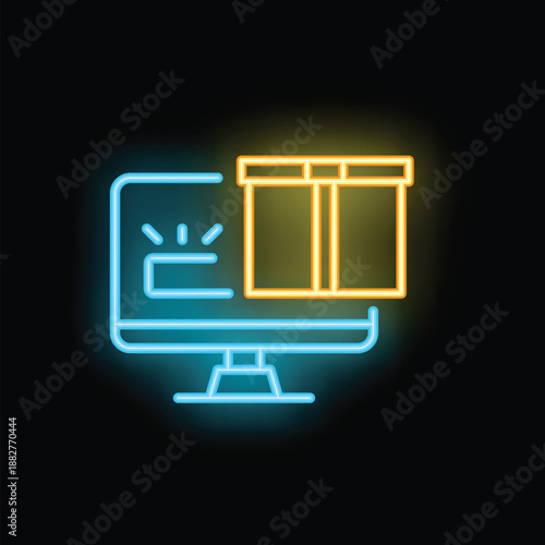 Neon sign representing online shopping with a gift box appearing over a computer screen