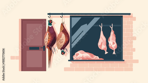 Birds and meat hanging, a door and window, brick building detail