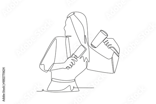 Woman combing and drying her hair. Hair care across cultures concept one-line drawing