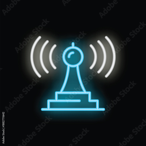 Blue and white neon icon of a radio tower transmitting signals on a black background
