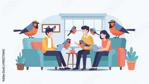 Birds perch on people and furniture while they use laptops