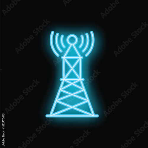 Blue neon icon of a telecommunication tower transmitting a signal on a black background