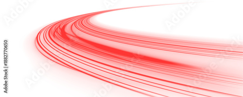 Neon red laser lines curve along  city highway. Motion lines, glowing wave energy, blood streaks, police lights depict dynamic futuristic traffic movement. Vector illustration PNG.