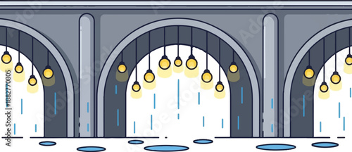 Arched structure with hanging lights and rain