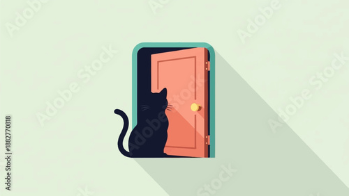 Black cat silhouette sitting by an open coral door