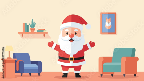Cheerful cartoon Santa stands in a cozy living room with furniture and art