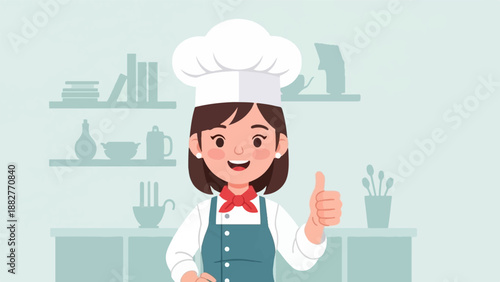 Cheerful chef in white hat and blue apron gives a thumbs up in kitchen