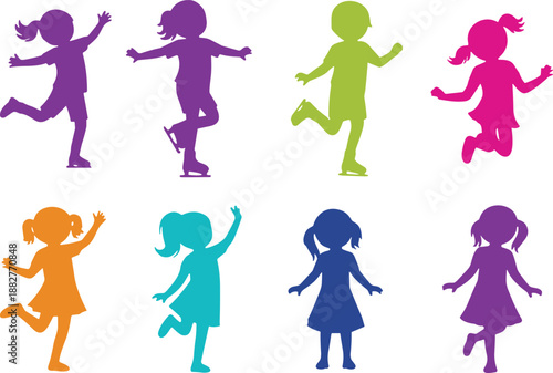 Colorful silhouettes of children ice skating, jumping and dancing in playful poses on white background for kids activities, sports, and education