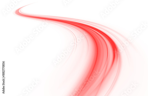 Neon red laser lines curve along  city highway. Motion lines, glowing wave energy, blood streaks, police lights depict dynamic futuristic traffic movement. Vector illustration PNG.