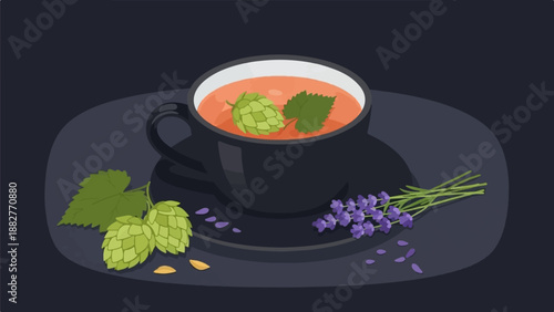 Black cup of beverage with hops and lavender garnish