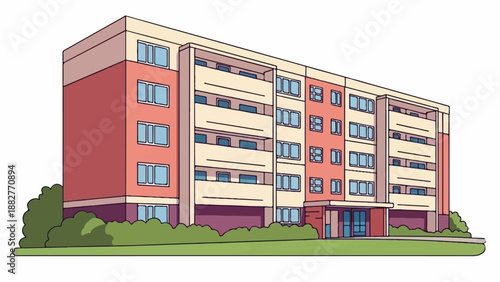 Colorful apartment building with balconies, windows, and lush green bushes