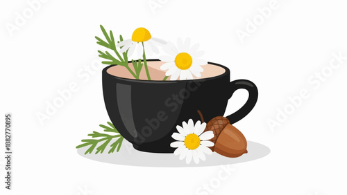Black cup filled with warm beverage, daisies, and acorns beside it