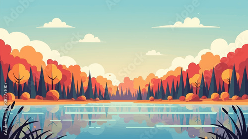 Colorful autumn forest reflected in a serene lake under a pastel sky