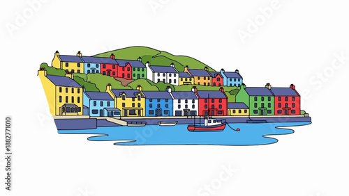 Colorful buildings line a hillside overlooking a tranquil blue harbor with a small boat