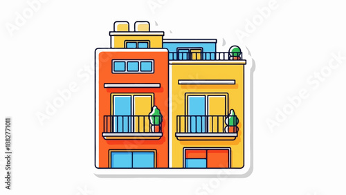 Colorful cartoon buildings with balconies and windows
