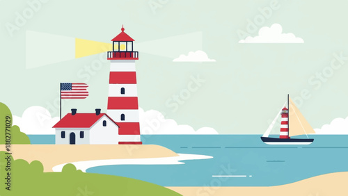 Coastal scene with a red and white lighthouse, an American flag, and a sailboat