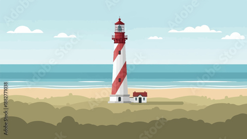 Coastal scene with a red and white striped lighthouse and accompanying building on a sandy beach