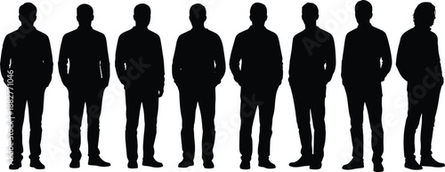 Row of eight black male silhouettes standing side by side on white background illustrating uniformity, subtle posture differences, casual attire, identity anonymity