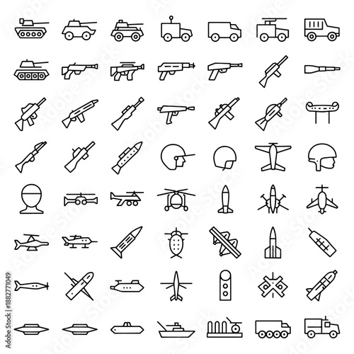 Qualityful Tank, weapon, soldier, war equipment, and vehicles military and army line icon set