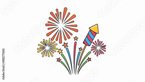 Colorful cartoon fireworks explode with a rocket on a white background