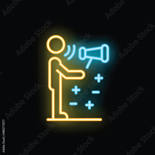 Bright yellow neon icon of a man promoting something using a megaphone with plus and minus signs, on a black background
