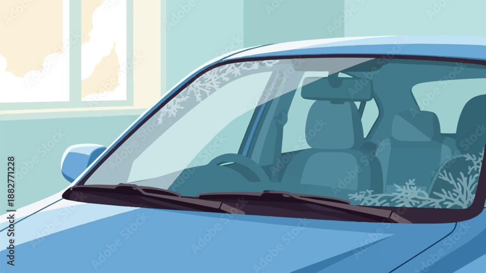Obraz premium Blue car interior with frost patterns on windshield