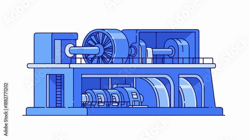 Blue industrial machinery with rotating parts and conduits