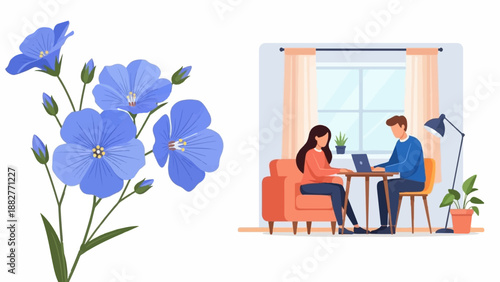 Blue flax flowers and a couple working on laptops at a table