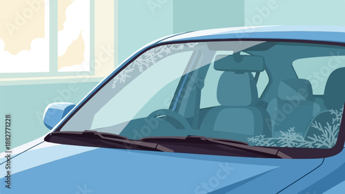 Blue car interior with frost patterns on windshield