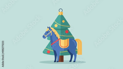 Blue horse toy stands before a decorated Christmas tree on a pale background