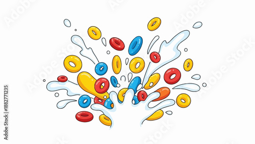 Colorful cereal rings exploding with splashes of milk and droplets