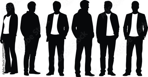 Six black silhouettes of diverse people in casual and semi-formal outfits standing together on white background for fashion and posture study