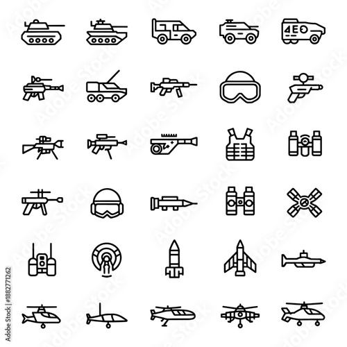 Qualityful Tank, weapon, soldier, war equipment, and vehicles military and army line icon set
