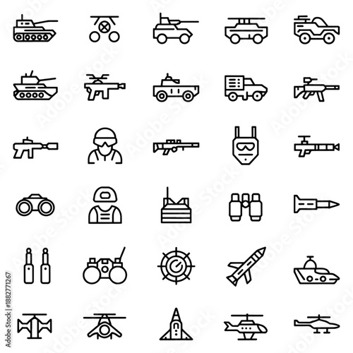 Qualityful Tank, weapon, soldier, war equipment, and vehicles military and army line icon set
