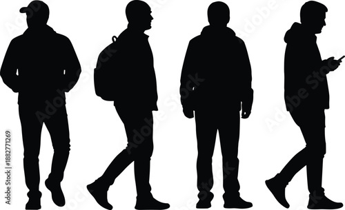 Four black silhouettes of people walking and standing in casual jackets and backpacks on white background for posture and urban fashion study