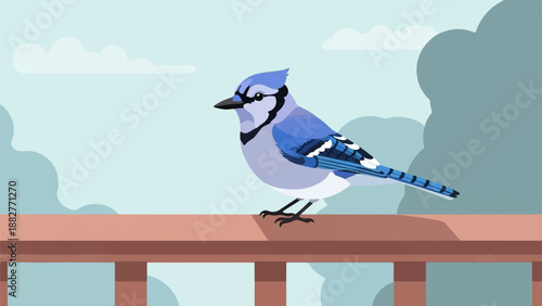 Blue jay perched on a wooden railing against a soft blue sky
