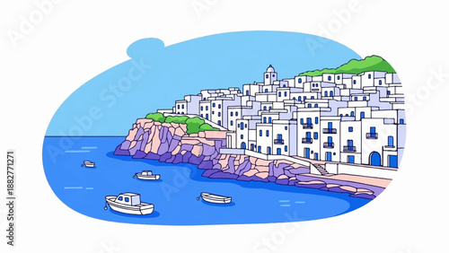 Coastal village with white buildings, blue sea, and boats under a bright sky