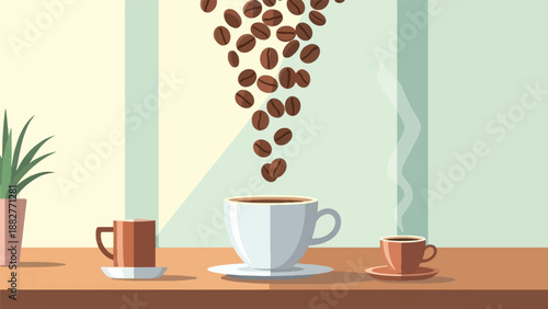 Coffee beans cascade into a cup, with a plant and two other cups nearby