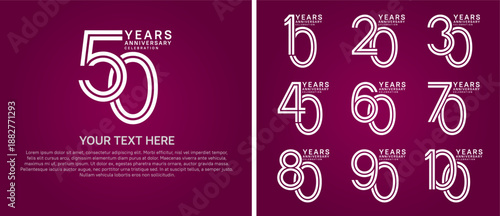 anniversary logo set multiple line style. silver color on purple background for celebration moment
